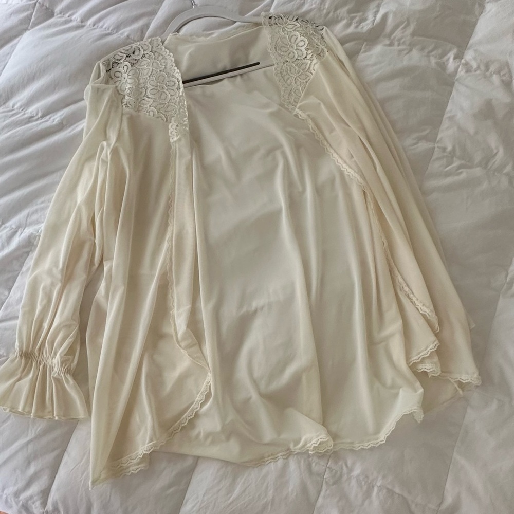 Vintage Petra Fashions Lace Hostess Robe Cardigan Ivory Sheer Large